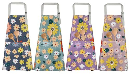 4 Piezas Mandil de Cocina con Bolsillos Grandes Para Mujer - Delantal Ajustable Impermeable Para Jardín y Salón