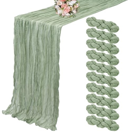 10er-Pack Käsetuch-Tischläufer, salbeigrüner Tischläufer, 90 x 300 cm, Tischläufers, rustikale Gaze-Tischläufer für Hochzeitstischdekoration, Hochzeitsbogen, Party-Dekoration