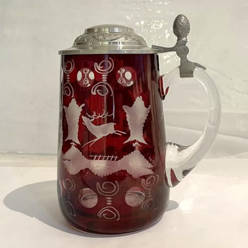 Verre antique Egermann - Verre de Bohême - Cristal rubis rouge - Avec couvercle en étain - Collectionneur - Aspect neuf - Hauteur : 15,5 cm