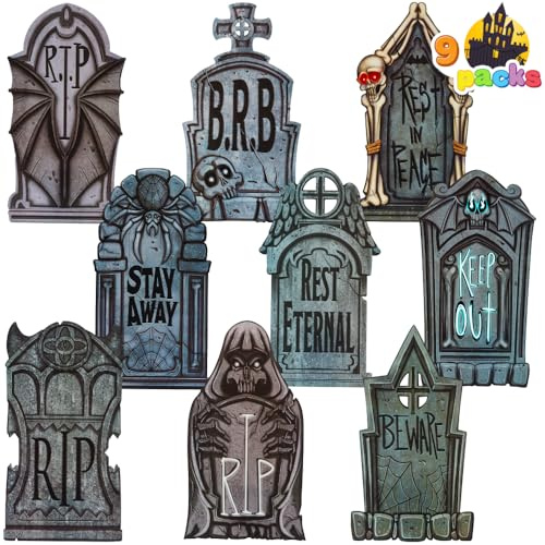 JOYIN 41 cm, 9 Stück, Halloween-Grabsteine, Dekorationen für den Außenbereich, Friedhofsdekor, Kunststoff-Grabsteine für Hof, Rasen, Friedhof mit 18 Metallpfählen