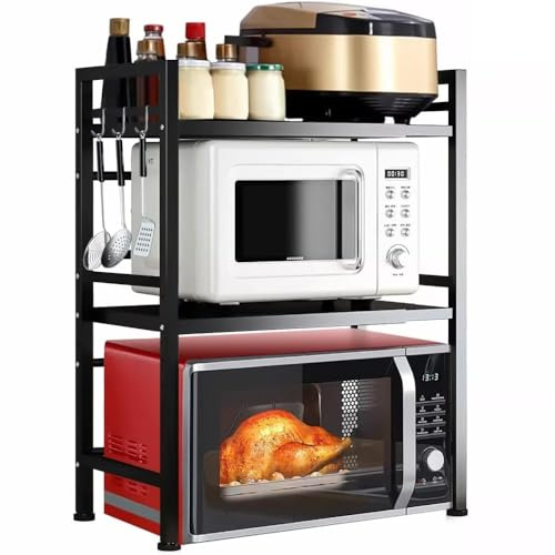 Multibao Expandable Microwave Rack Shelf, 3 Tier oven Rack Stand Storage Holder Kitchen Corner Shelf Desktop Printer Shelf Rack, Bakers Rack (Black)