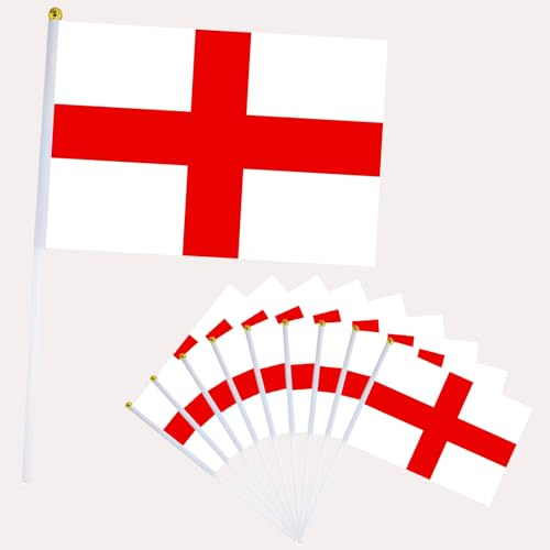 10 banderas de Inglaterra para decoración de la Copa Mundial de Fifa 2026, mini bandera de San Jorge de 14 x 21 cm, banderas pequeñas en palos, bandera de Inglaterra de mano para Eurovisión