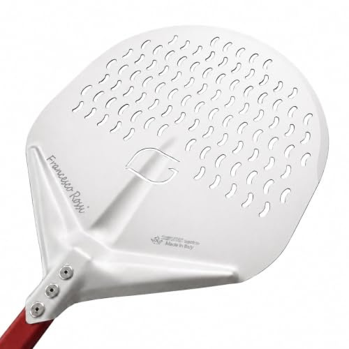 GIEMME Pelle à pizza perforée en aluminium, Professionnel, Anodisée, Forme ronde, Plat perforé (Pelle : Ø 33 cm personnalisée, Longueur du manche : 120 cm)