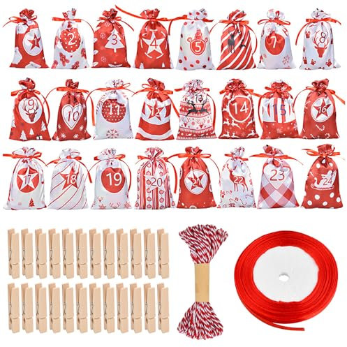 Volumoon 24 Christmas Countdown Calendar Bag, Advent Calendar Gift Bag for Filling, Christmas Advent Calendar Bags, Countdown Hanging bag with Clips&Rope, for Kids Xmas Party Favors Snacks Sweets (A)