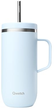 QWETCH – Vaso Térmico con Pajita y Asa 600 ml Azul Pastel – 24h Frío & 12h Fresco – Acero Inox Reciclado, Sin BPA – Taza Isotérmica Reutilizable para Café Helado, Té Frío y Agua Aromatizada