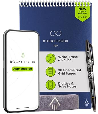 Rocketbook Wiederverwendbarer Smart-Notizblock, oben gebundenes Notizbuch, Executive-Größe 15,2 x 22,4 cm, Marineblau – linierte und gepunktete Seiten, App-verbunden, löschbar, ideal für Rechts- und | Oben gebundenes Spiralbuch, linierte und gepunktete Seiten, inklusive Stift und Handtuch