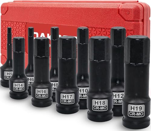DAKCOS Jeu de douilles à choc hexagonal 1/2 pour 6 pans mâle, coffret de 10 douilles 5mm-19mm