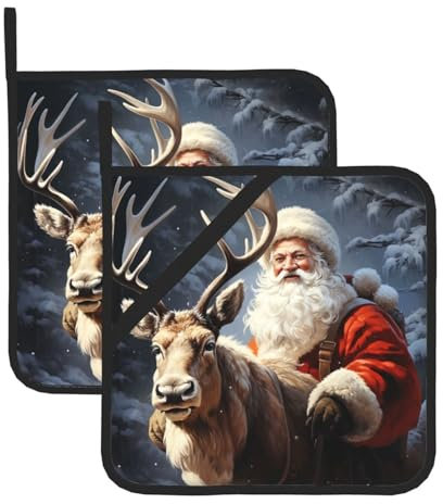 2 presine da cucina resistenti al calore con Babbo Natale e cervo alce per piani di lavoro, presine da forno, sottopentola da 20,3 cm