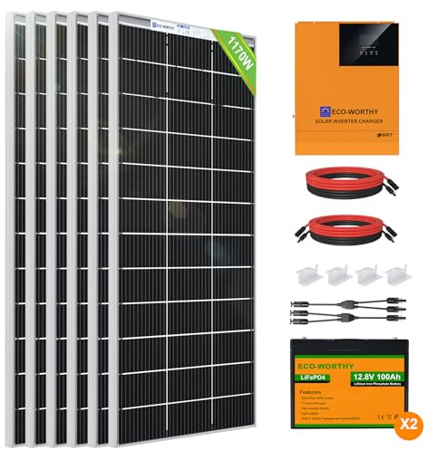 ECO-WORTHY 1200W 24V Solar Power System 4.8kWh/Day with 6pcs 195W Solar Panels,2pcs 100Ah LiFePO4 Battery and 3000W 24V Solar Hybrid Inverter for Home Shed