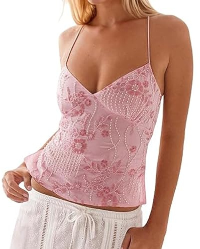 Nicoxijia Womens Sequin Sparkle Halter Crop Tops Sexy Sleeveless Deep V Neck Backless Glitter Tank Top Y2k Bling Rave Outfits (C-Pink, M)