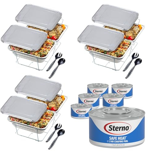 Sterno Disposable Chafing Dish Buffet Set for Large Parties & Catering, 2-Hour Chafer Fuel, Food Warmers & Warming Trays, Complete Buffet Set (30 Pieces)