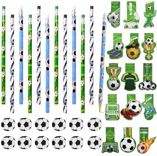 XIAQICA 15 Stück Fußball Magnetische Lesezeichen + 12 HB 2.5 mm Bleistifte + 12 Radiergummis, Magnet Bookmark Seite Marker Set Fussball Partytütenfüller für Kinder Jungen Buchliebhaber Fußballfans