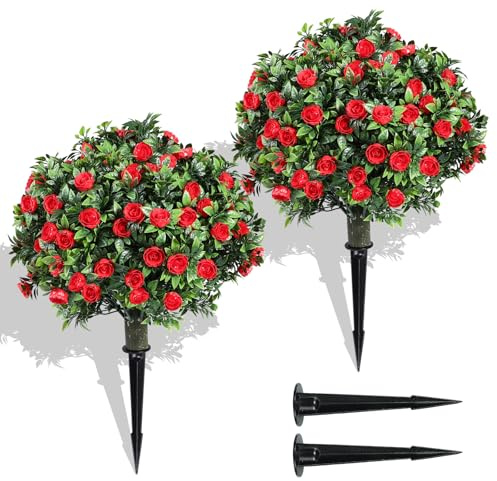 Set di 2 alberi di bosso artificiali con fiori rossi, 40,1 cm, resistenti ai raggi UV, piante finte per giardino, cortile, portico, patio, decorazione per San Valentino e tutto l'anno