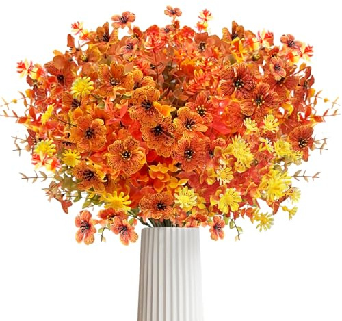 KUKKUME Fiori artificiali, autunno, 8 mazzi di fiori artificiali, autunnali, bouquet di eucalipto, fiori finti, piante, rami, decorazione autunnale, fiori artificiali, per interni, esterni, tavolo