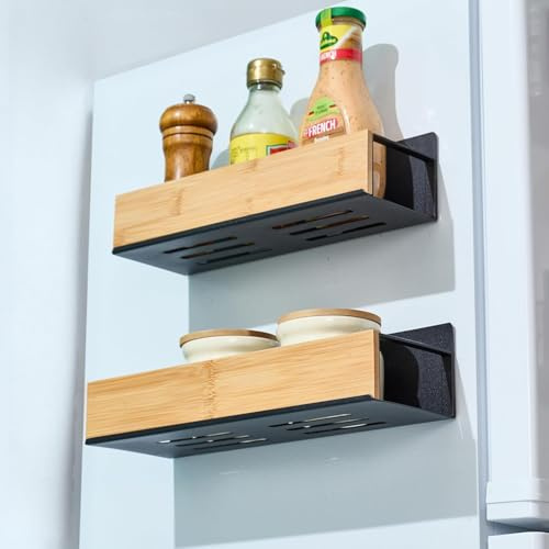 Veektac Magnetic Spice Rack for Fridge and Oven, 2 Pack Magnetic Fridge Shelves with Moveable Hooks for Kitchen Organization and Storage
