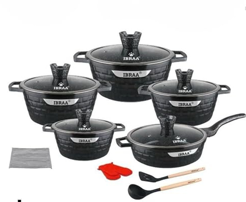 IBRAA 15Pcs Cooking pots/pan, Non-Stick, Induction, Bricks Shape, Inside Granite, semi- Thick Glass lid, Two Gloves, Two Cooking Spoons with a Cleaner,Set of Five Cooking pots and a pan. (Black)