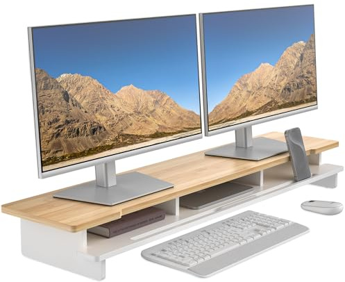 WELL WENG 108cm Monitorständer Ablagefach für Telefon/Tablet/Stift, Weiß | Bildschirmerhöhung 2 monitore, Bildschirmständermit Stauraum für Schreibtische von 140–183 cm Monitorerhöhung