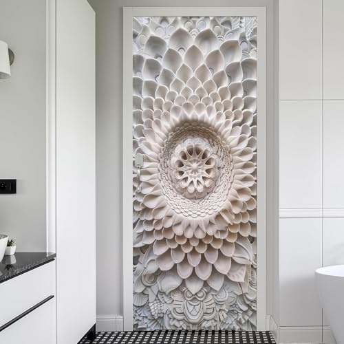 Ivory White Modern Flower Sculpture Door Stickers Decals Peel and Stick Removable Vinyl Waterproof Self Adhesive Wall Covers for Home 30.3 W x 78.7 H