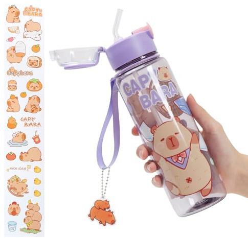 GMKD Capybara Water Bottle Kawaii Water Bottle with Straw and Sticker, Portable Leakproof BPA-Free Drinking Bottle for Girls Boys Outdoor Sports, 24 oz (Purple Transparent)
