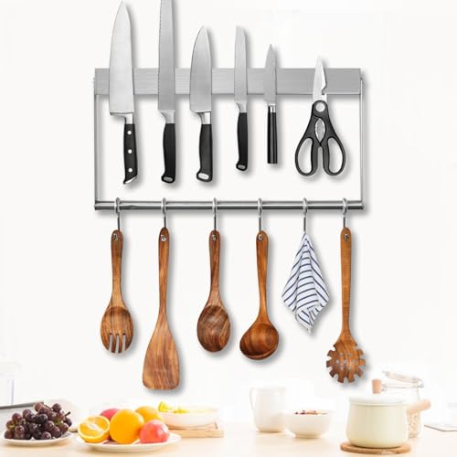 JNUYISW Barra Magnética para Cuchillos, 40cm Soporte Magnético Cuchillos de Acero Inoxidable con 6 Ganchos Iman Cuchillos de Cocina con Imán Extrafuerte para Utensilios de Cocina Metálicos