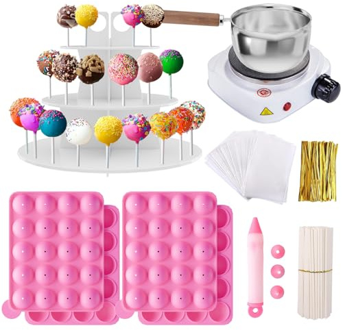 Cake Pop Maker Kit with Chocolate Melter, 2 Silicone Cake Pop Mold Supplies with Stand, Baking Kits for Adults, 100 Sticks Wrappers, Decorating Pen with 4 Piping Tips (Cakepop with Choc. Melter)