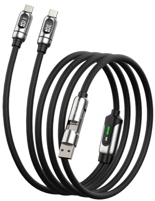 Mfish Multi Charging Cable with Wattage Display, 4FT 2-in-1 140W USB C to USB C Cable, Soft Silicone Cable with Data Sync, USB A/Type C, Fast Charging for iPhone 17/16 Pro Max, MacBook Air/Pro, Laptop