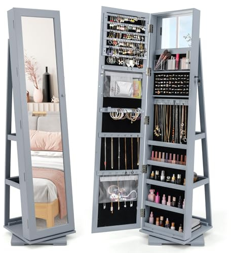 GOPLUS 3 in 1 Schmuckschrank mit spiegel, Spiegelschrank stehend, 360°drehbar, abschließbar, Standspiegel Schmuck Organizer mit großem Stauraum & Ablagefächern für Schlafzimmer (Grau)