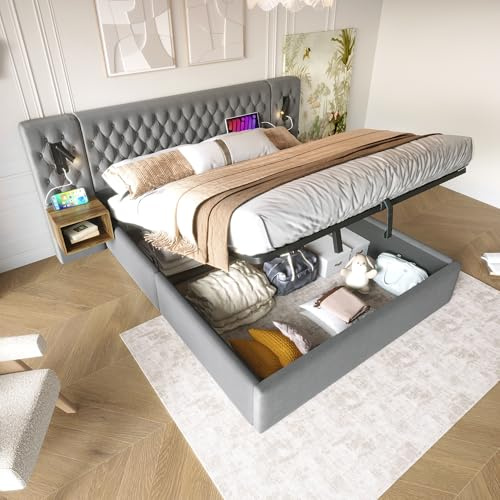 VSOGA Bettanlage Schlafzimmer Komplett Set,Polsterbett Hydraulisch Stauraumbett Doppelbett 160×200 cm mit 2 Nachttischen, Kopfteil Leselicht mit USB Ladefunktion, Grau, Samt
