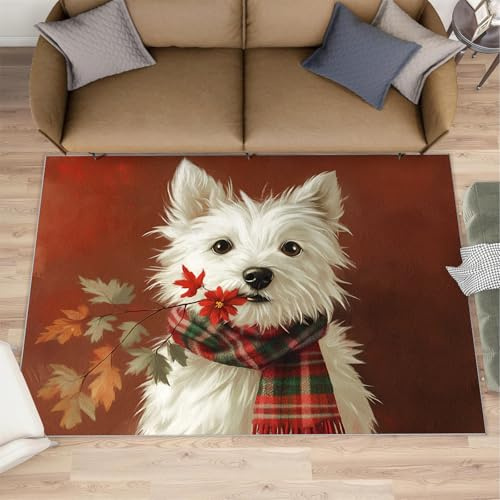 Herbst-Welpenteppich, Wohnzimmer, 120 x 170 cm, weißer Hunde-Bettvorleger für Schlafzimmer, niedlicher Yorkie-Büro-Teppich, rutschfest, waschbar, für Küche, Mädchen, Kinderzimmer