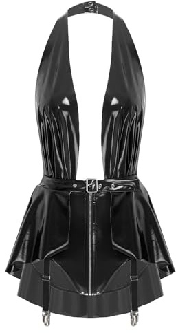 Sxiwei Dame Wetlook Aperto Body Neckholder Lacca Pelle Bodysuit Sporgenza V Profonda Top E Slip Con Skirt Garter Fascinanti Intimo Clubwear Nero XL