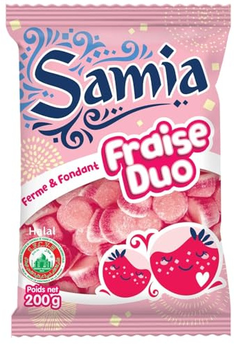 SAMIA - Bonbons Fraise Duo Halal - Gélatine de Bœuf Halal - le sachet de 200 g - Le Lot De 5