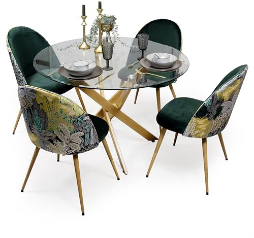 Homely® | Conjunto de Comedor Madeira | Mesa Redonda 110 cm. con Tapa Cristal Templado, Patas metál Efecto Madera | 4 sillas tapizadas en Terciopelo Verde Estampada Tropical