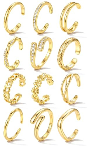 JeweBella 12 PCS Adjustable Gold Toe Rings for Women Ladies Non Tarnish