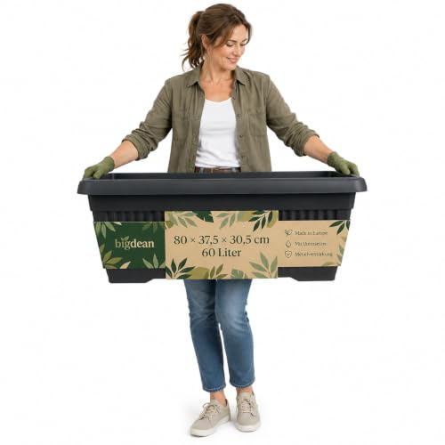 BigDean Jumbo 60 Liter Blumenkübel 80x37,5x30,5cm Anthrazit Blumentopf | Mediterranes Design, inkl. Untersetzer, Pflanzkübel, Pflanzgefäß, extra Groß, XXL, Blumenkasten, groß