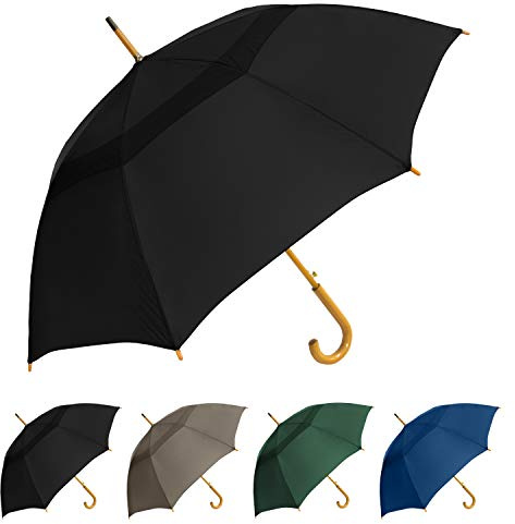 The Vented Urban Brolly 48 Arc Automatic Open Large Windproof Golf Umbrella, Classic Umbrella with Wooden J Handle, Vintage Style Lightweight Long Curved Handle Umbrella for Rain - Black