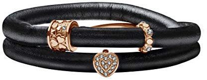 Quiges Damen Leder Wickelarmband Schwarz 40cm mit Charm Beads Rosegold Edelstahl Magnetverschluss