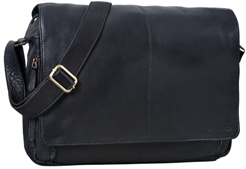 STILORD Alex vintage axelväska läder laptopväska 15,6 tum anteckningsbok lärare affärer kontor äkta läder, Svart, L
