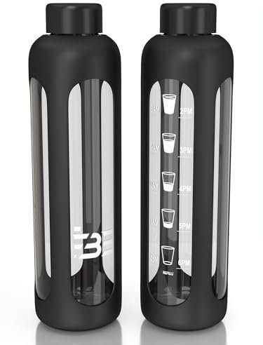 Be-Active Glass Water Bottle ora con tappo a vite nero aggiornato 2025 - Numero di volte per bere - 1 litro