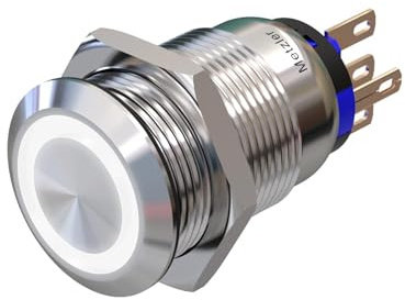 Metzler - Drucktaster 19mm - LED Ringbeleuchtung 230 V Weiß - IP67 IK10 - Edelstahl - Flach - Lötkontakte