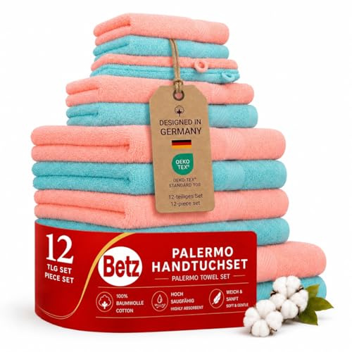 Betz 12-TLG. Handtuch-Set Palermo 100% Baumwolle 2 Liegetücher 4 Handtücher 2 Gästetücher 2 Seiftücher 2 Waschhandschuhe Farbe apricot und türkis