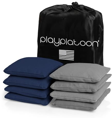 Play Platoon Weather Resistant Cornhole Bags - Set of 8 Regulation Size - Navy Blue & Gray - Durable Duck Cloth for Tossing Game, Includes Tote Bag