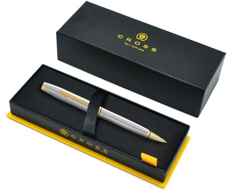 Cross Coventry Kugelschreiber (Strichstärke M, schwarz, dokumentenecht, inkl. Premium Geschenkverpackung) Chrom glänzend mit Applikationen in Goldoptik