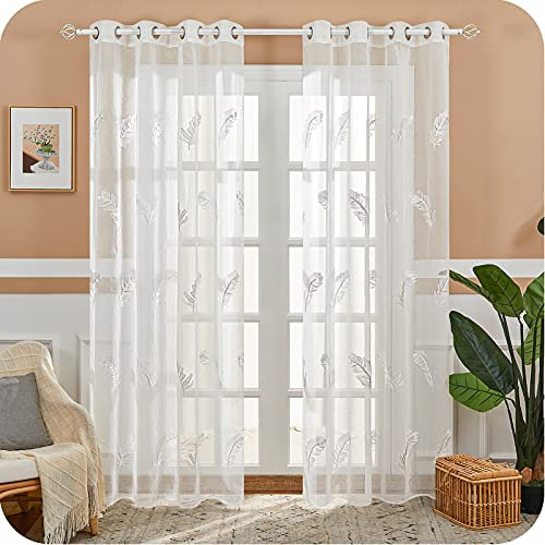 MRTREES Gardine aus Voile Vorhang Blumen Vorhänge mit Ösen Gardinenschals in Leinenoptik Gardinen kurz Stickerei Weiß 225×140cm (H × B) für Wohnzimmer Schlafzimmer Kinderzimmer 2er-Set