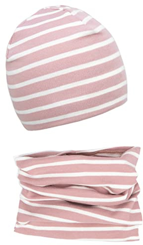 Baby Mädchen Beanie Mütze + Schlauchschal 2er Set, Wintermütze für Jungen Mädchen Baumwolle (53L und 49-53, Baumwolle Set: Rosa Streifen)