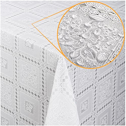 Tischdecke abwaschbar Wachstuch Lace Vinyl Häkel Spitze Optik 100 x 138cm Rosen Weiß Blumen abwischbar