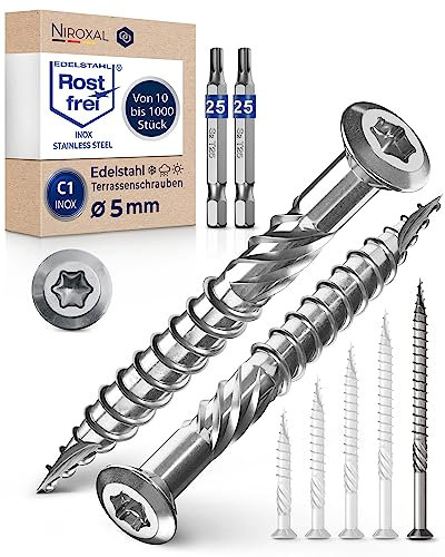 500 Stück Terrassenschrauben 5 x 80 mm lang | PERFEKT für 35 mm Terrassendielen | rostfreier gehärteter C1 Edelstahl | Torx 25 inkl. 2 Bits | Holzschrauben mit flachem Senkkopf Teilgewinde