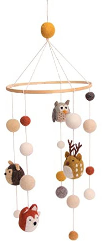 Gry & Sif handgemachtes Mobile Baby mit Filzkugeln und Tieren, Windspiel für das Babybett, Laufstall oder Wickeltisch, Erstausstattung Neugeborene, Fairtrade | Waldtiere