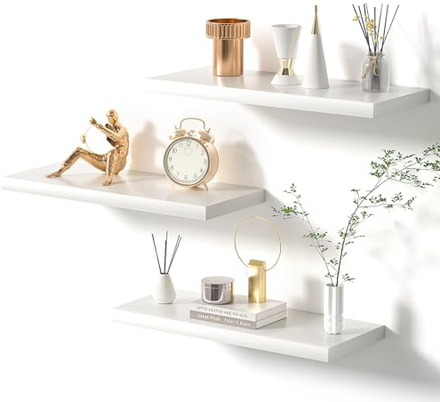 VOGGV Floating Shelves for Wall, Wall Shelves with Invisible Brackets, 3 White Shelves for Bathroom, Bedroom, Office, Living Room, Kitchen, etc