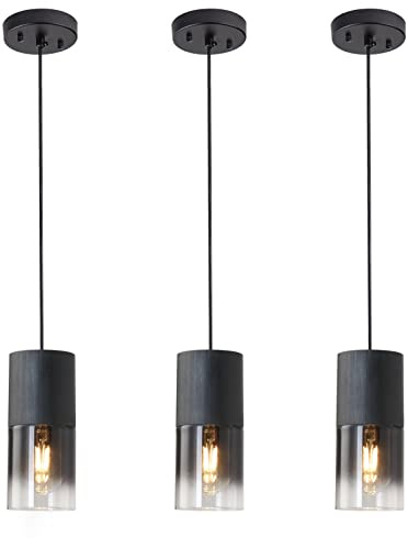 LINSEEDS 3-Pack Black Pendant Light Fixtures, Adjustable Modern Pendant Lights for Kitchen Island, Industrial Glass Pendant Lights for Dining Table Hallway Bedroom Living Room