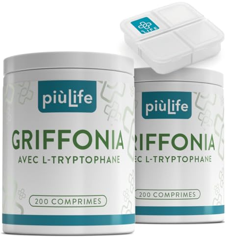 Griffonia Tryptophane Forte Dose PiùLife, 400 Comprimés De 400mg, L tryptophane Précurseur De La Serotonine Et Melatonine, Pour Dormir Mieux Naturel, Bonne Humeur, Anxiete Et Stress